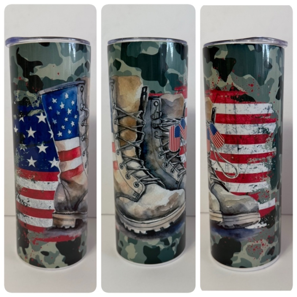 Patriotic Camouflage 20oz Skinny Tumbler with Boots and Flag